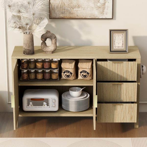 Modern Wave-Pattern Storage Sideboard with 3 Drawers, Large-Capacity Buffet Cabinet with Built-in Hooks & Extra Center Support Leg, Suitable for Living Room, Entryway & Hallway
