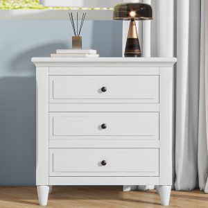 1-42.jpg 28'' Painted Nightstand with 3 Drawers & Smooth-Gliding Rails, Simple Bedside Cabinet with Metal Handles & Rubber Legs, Minimalist Side Table for Bedroom, Sofa, Couch & Office