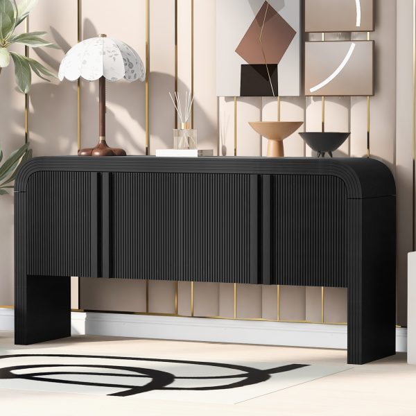 62.2-Inch Wave-Pattern Console Table with 4 Doors & Adjustable Shelf, Curved Slim Sofa Table for Behind Couch, Rustic Narrow Entryway Table for Living Room, Foyer and Hallway