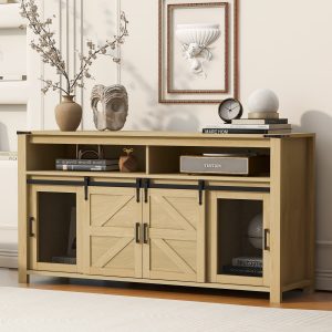59.3'' Sideboard with Sliding Barn Door & Decorative Mesh Panels, Farmhouse Buffet Cabinet with Open Storage, Suitable for Living Room, Hallway, Balcony, Kitchen and Office