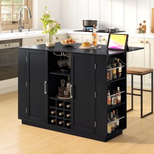47.2" Wine Bar Cabinet with Foldable Tabletop & Built-in Power Outlet, Counter Height Bar Table with Wine Rack & Glass Holder, Double-Door Buffet Sideboard with Open Side Shelves (Chairs Not Included)