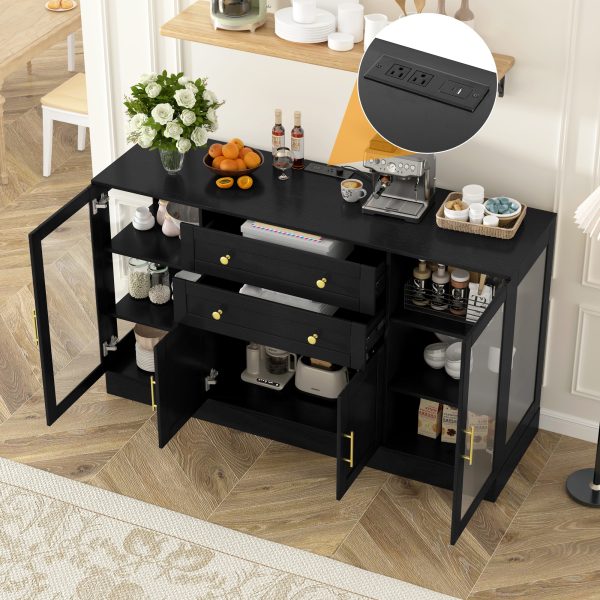58.3" Modern Buffet Sideboard with 4 Doors, 2 Drawers, Adjustable Shelves, Built-in Power Outlet, Acrylic Panels & Aluminum Alloy Handles, Storage Cabinet for Dining Room, Living Room and Kitchen