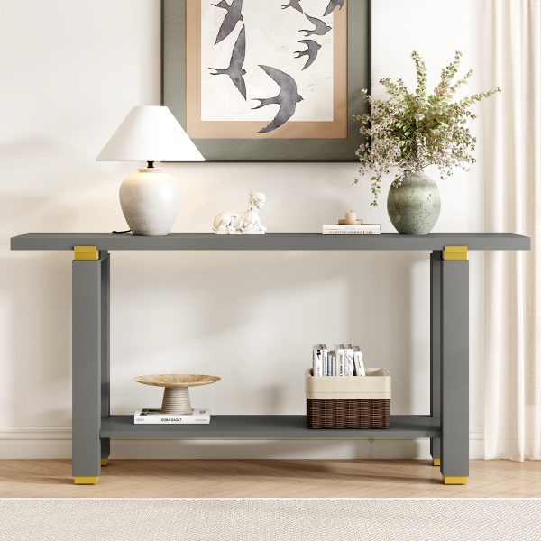 62.9" Modern Minimalist Console Table, Solid Wood Entryway & Sofa Table with Metal Accents and Built-in Storage Shelf, for Living Room and Hallway (3 Color Options: Black, Gray, Natural)