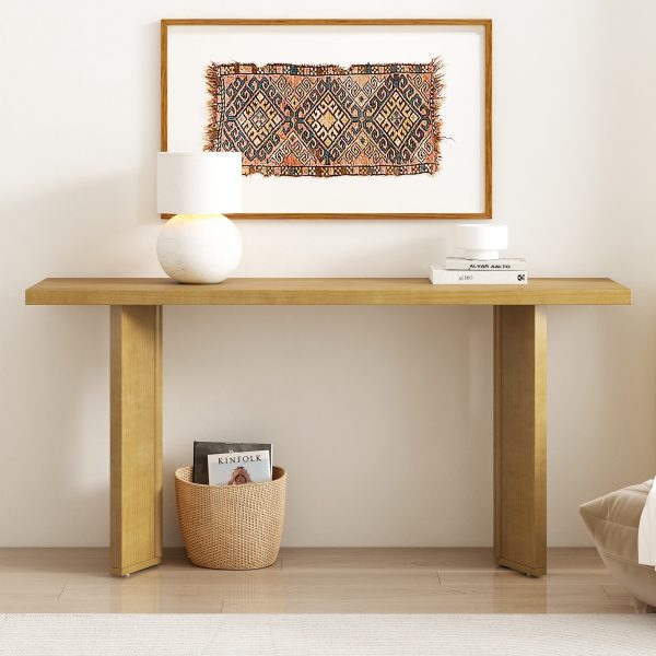 Stylish Console Table with Pine Veneer Tabletop & Geometric Structured Legs, Perfect for Living Room, Study and Dining Room