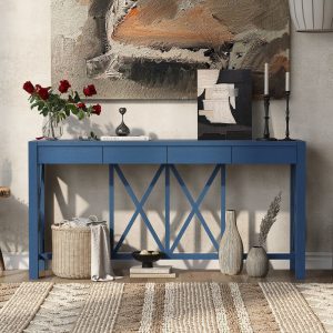 60'' Acacia Veneer Console Table with 4 Large Drawers, Modern Crisscross Design Entryway Table Featuring Open Bottom Storage, Farmhouse Style Sofa Table for Living Room, Kitchen, Dining Room & Hallway