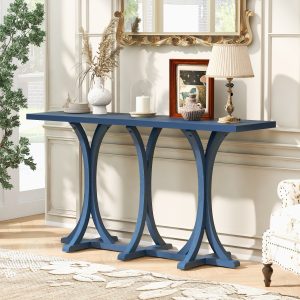 59.8'' Wooden Console Table with Oak Veneer Top, Farmhouse Entryway Table with Rubber Wood Slender Curved Legs, Suitable for Living Room, Entryway, Hallway and Dining Spaces