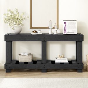 62.9" Vintage Entryway Console Table, Solid Fir Wood with Natural Wood Grain, 4.5" Thick Tabletop & 6 Reinforced Legs, Metal Rivet Decor with Open Plank Storage Shelf, for Hallway and Living Room