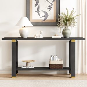 62.9" Modern Minimalist Console Table, Solid Wood Entryway & Sofa Table with Metal Decorative Accents, Built-in Open Storage Shelf, Suitable for Living Room and Hallway