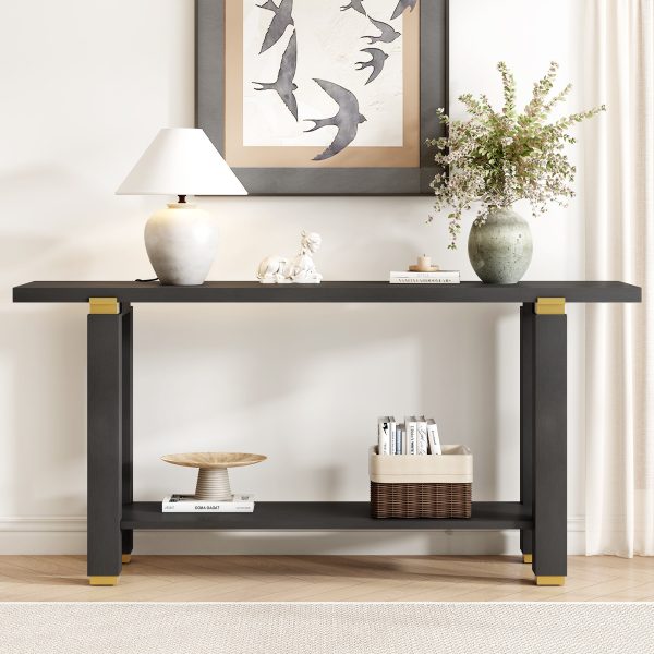 1-63.jpg 62.9" Modern Minimalist Console Table, Solid Wood Entryway & Sofa Table with Metal Decorative Accents, Built-in Open Storage Shelf, Suitable for Living Room and Hallway