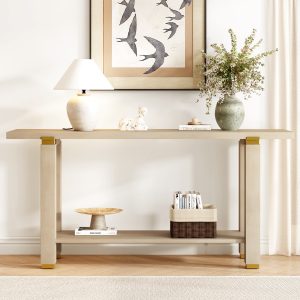 62.9" Modern Minimalist Console Table, Solid Wood Entryway & Sofa Table with Metal Decor Accents and Integrated Storage Shelf, Ideal for Living Room and Hallway