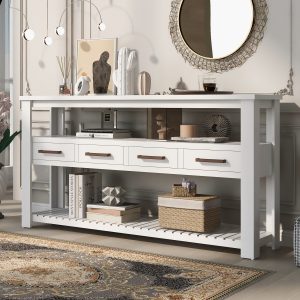 61.5'' Large Entryway Console Table with 4 Drawers, 3-Tier Open Shelves and Metal Handles - Painted Design, Versatile for Living Room, Bedroom, Foyer & Kitchen