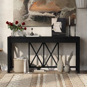 60'' Acacia Veneer Console Table with 4 Spacious Drawers, Modern Crisscross Design Entryway Table, Farmhouse Sofa Table with Open Bottom Storage for Living Room, Kitchen, Dining Room & Hallway