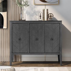 Adjustable Shelf Storage Sideboard with 3 Vintage Metal Handles & 4 Solid Pine Wood Legs, Perfect for Entryway, Living Room, Study and Dining Room