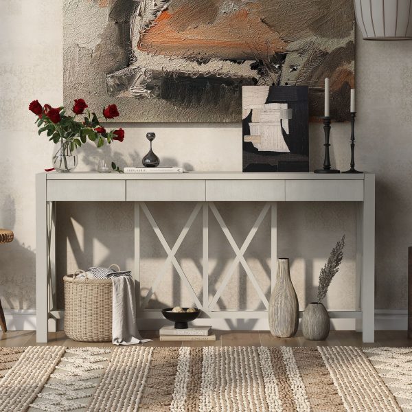 60-Inch Acacia Veneer Console Table | 4 Spacious Drawers + Open Bottom Storage, Modern Crisscross Design, Farmhouse Style Sofa Table Suitable for Living Room, Kitchen, Dining Room & Hallway