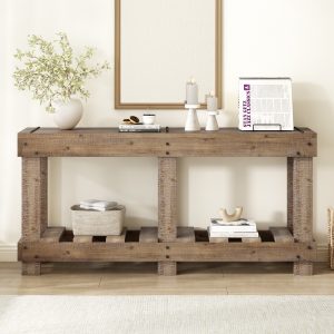 62.9" Vintage Entryway Console Table - Solid Fir Wood with Natural Grain, 6 Reinforced Legs, 4.5" Thick Desktop, Metal Rivet Decoration & Plank Under-Shelf, Perfect for Hallway and Living Room