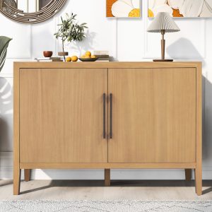 47.25-Inch Farmhouse Sideboard with Pine Veneer, 2-Door Retro Buffet & Minimalist Wooden Storage Cabinet with Metal Handles and Adjustable Feet for Living Room & Kitchen