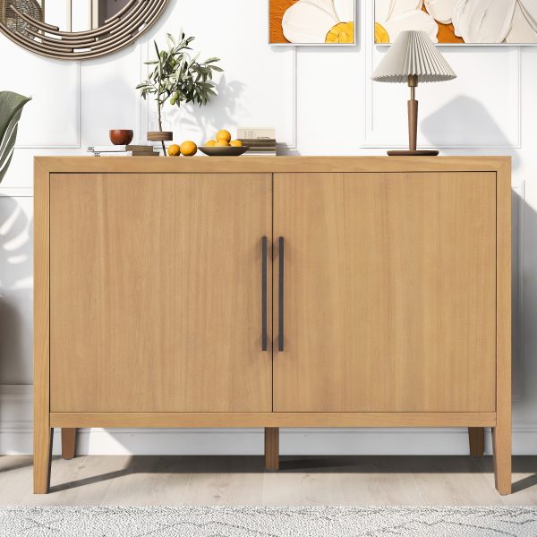 1-8.jpg 47.25-Inch Farmhouse Sideboard with Pine Veneer, 2-Door Retro Buffet & Minimalist Wooden Storage Cabinet with Metal Handles and Adjustable Feet for Living Room & Kitchen