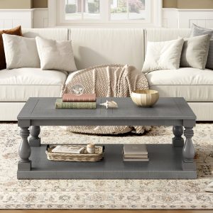 Vintage Coffee Table with Artistic Vase Column Legs & Premium Pine Veneer, Timeless Charm for Living Room and Study