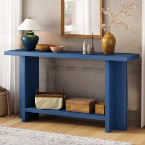 60'' Console Table with Ash Veneer & T-Shaped Legs, Minimalist Entryway Table with Large Top & Bottom Shelf, 120lbs Weight Capacity for Living Room, Hallway and Foyer