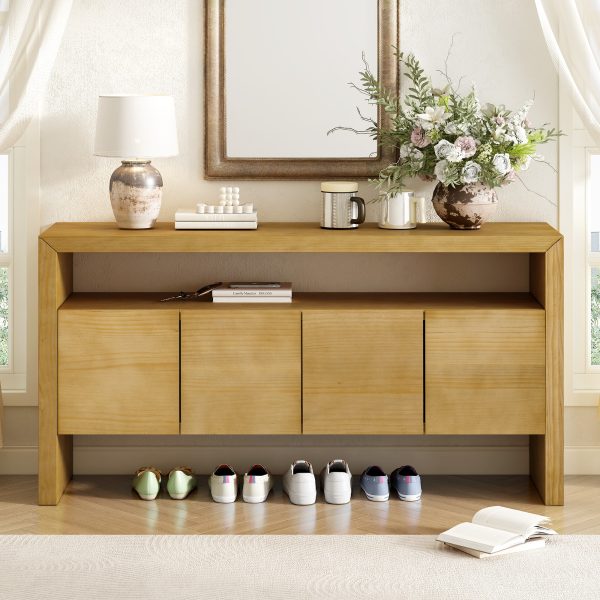 1-85.jpg 60" 4-Door Modern Minimalist Sideboard with Solid Wood Veneer & Open Shelf, Natural Wood Grain Storage Console for Living Room, Hallway & Dining Area