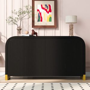 59.8'' Buffet Sideboard Cabinet with Arched Top, 4 Pine Veneer Doors & Wavy Panel Design, Elegant Coffee Bar Console with Adjustable Shelves for Living Room & Foyer