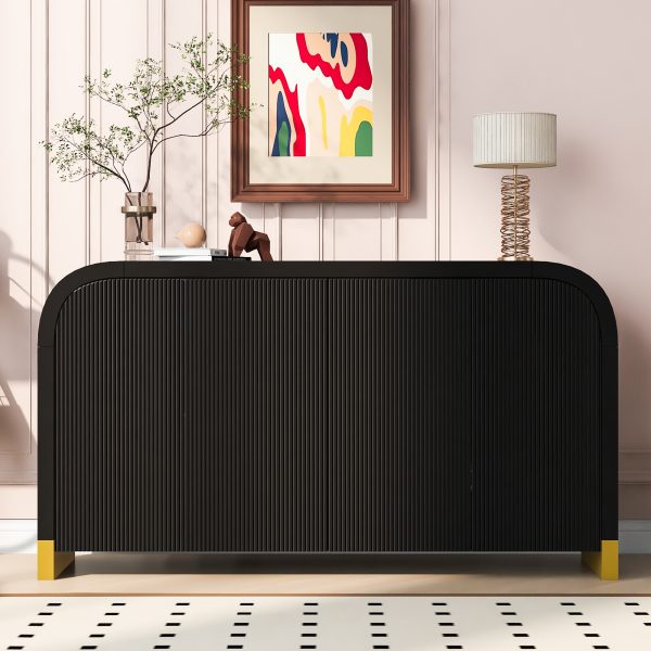 59.8'' Buffet Sideboard Cabinet with Arched Top, 4 Pine Veneer Doors & Wavy Panel Design, Elegant Coffee Bar Console with Adjustable Shelves for Living Room & Foyer