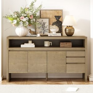 60" 3-Door 3-Drawer Sideboard C Modern Ash Veneer MDF Storage Cabinet with Semi-Open Shelf & Semi-Circular Back Cutout, Spacious Cabinet for Living Room, Hallway & Dining Area