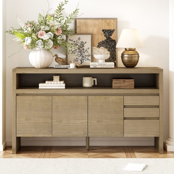 60" 3-Door 3-Drawer Sideboard C Modern Ash Veneer MDF Storage Cabinet with Semi-Open Shelf & Semi-Circular Back Cutout, Spacious Cabinet for Living Room, Hallway & Dining Area