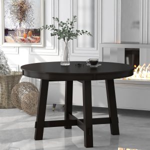 Farmhouse Round Extendable Dining Table with 16-Inch Leaf C Wood Kitchen Dining Table