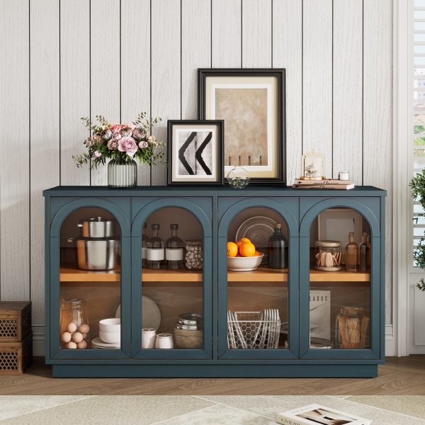 4-Door Arched Buffet Cabinet with Glass Doors & Large Storage, Adjustable Shelves for Kitchen, Dining Room & Living Room