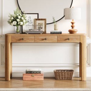 Rustic Curved Corner Console Table, Entryway Sofa Table with 3 Hidden Drawers & Thick Sturdy Legs for Hallway and Living Room