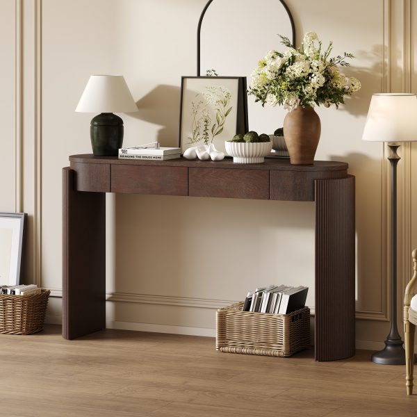 Natural Wood Grain Entryway Console Table with Fluted Design, Oval Top & 2 Drawers for Hallway & Living Room