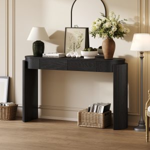 Natural Wood Grain Entryway Console Table with Fluted Design, Oval Top & 2 Drawers for Entryway & Living Room