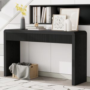 Rustic Console Table with 3 Fluted Drawers, Solid Wood Veneer Entryway Table with Natural Wood Grain for Living Room & Hallway