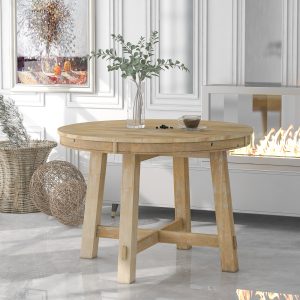 Farmhouse Round Extendable Dining Table with 16" Removable Leaf, Wooden Kitchen Table