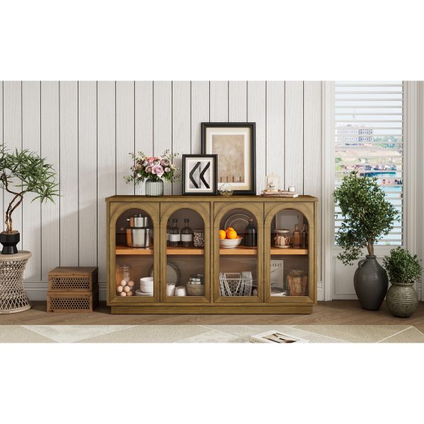 4-Door Arched Buffet Cabinet with Glass Doors & Large Storage, Adjustable Shelves for Kitchen, Dining Room & Living Room