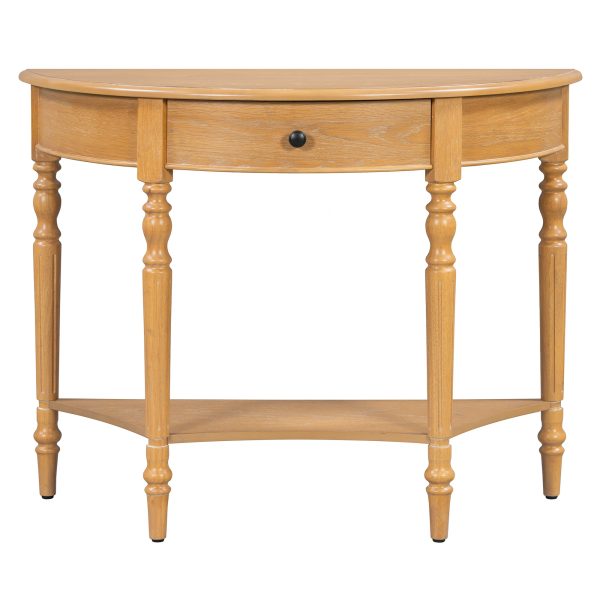 Farmhouse Half Moon Console Table with Drawer & Shelf, Rustic Accent Sofa Table for Entryway, Living Room, Hallway & Foyer