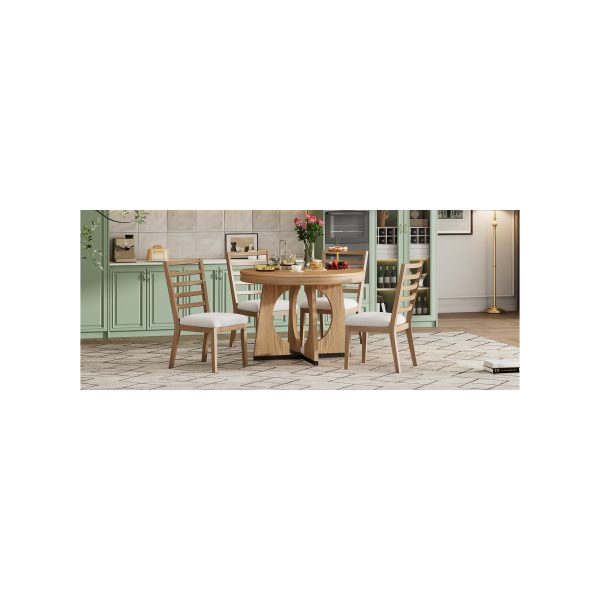 5-Piece Retro Round Dining Set for 4, Extendable Table with 16" Removable Leaf & Unique Geometric Design for Kitchen & Dining Room