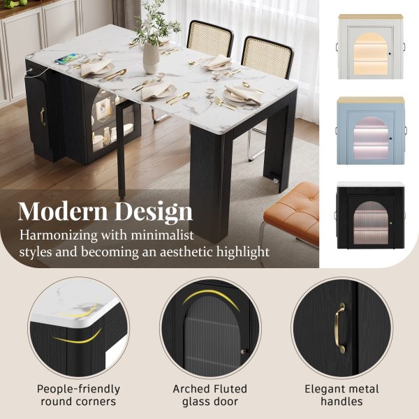 2-115.jpg Extendable Dining Table with 3 Removable Middle Leaves, Mobile Rolling Island Table with Power Outlet & Space-Saving Storage Cabinet for Dining & Living Room
