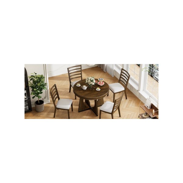 Retro 5-Piece Dining Set, Extendable Round Dining Table with 16" Removable Middle Leaf, Unique Geometric Design for Kitchen & Dining Room (with Chairs)