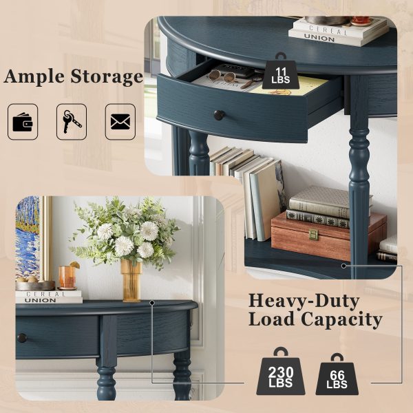 Farmhouse Half Moon Console Table with Storage Drawer & Open Shelf, Rustic Accent Sofa Table for Entryway, Living Room, Hallway & Foyer