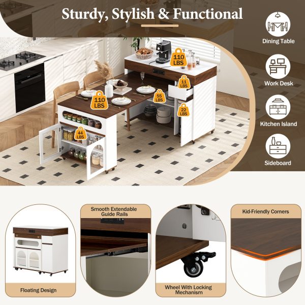 2-130.jpg Extendable Dining Table with Extra-Long Folding Top, Rolling Kitchen Island with Drawers, Power Outlet & Brake Lock, Storage Cabinet for Kitchen & Dining Room