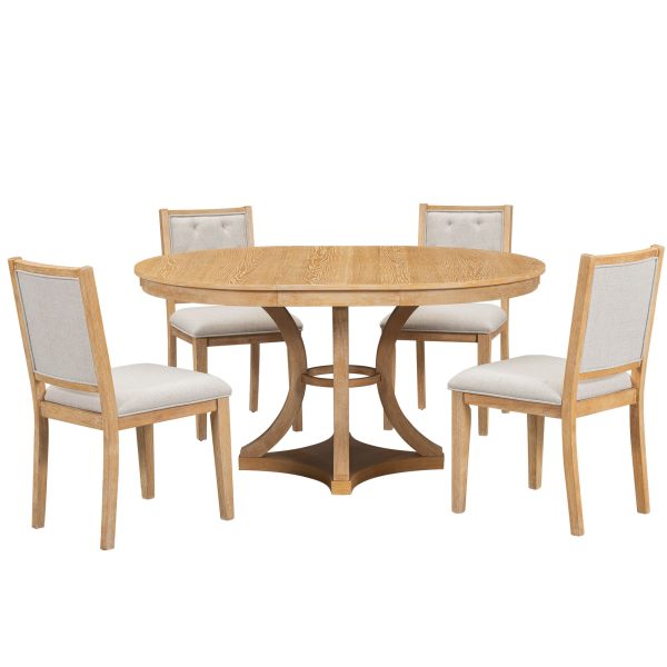 2-142.jpg Retro 5-Piece Dining Set: Extendable Round Table & 4 Upholstered Chairs for Dining Room & Living Roo