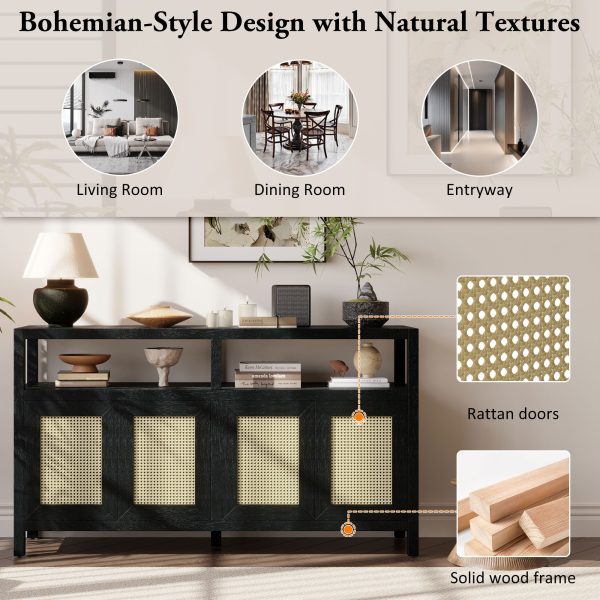 2-147.jpg Bohemian Rattan Storage Buffet Cabinet with Solid Wood Frame, Push-to-Open Sideboard with 3-Level Adjustable Shelves for Living & Dining Rooms