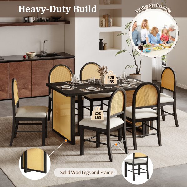 7-Piece Farmhouse Dining Set for 6, 59.8" Rectangular Table with Distressed Oak Veneer + 6 Rattan Chairs, Rustic Kitchen Furniture for Dining Room