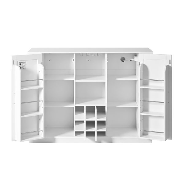 2-16.jpg Wine Bar Cabinet with Foldable Tabletop & Power Outlet, Counter Height Bar Table with Wine Rack & Glass Holder, Double-Door Buffet Sideboard with Side Shelves (Chairs Not Included)