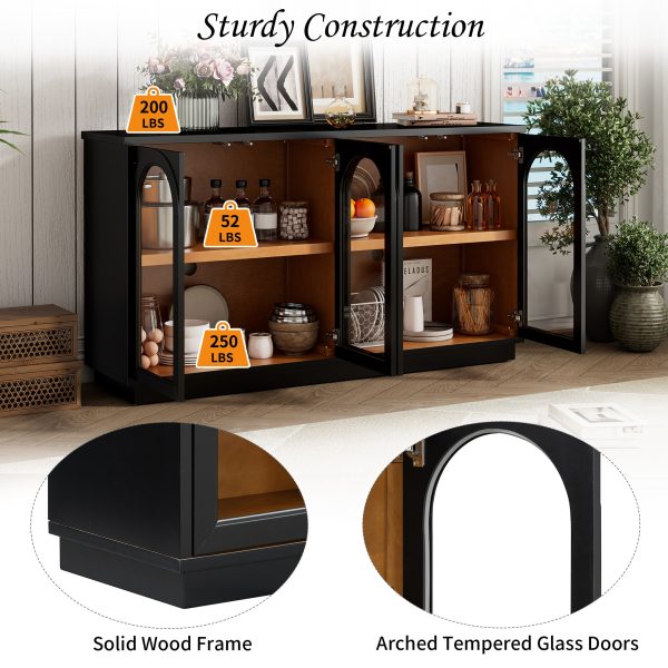 4-Door Large Arched Buffet Cabinet with Glass Doors & Adjustable Shelves, Storage Sideboard for Kitchen, Dining Room & Living Room
