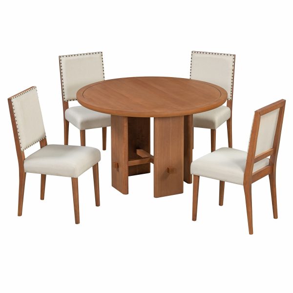 5-Piece Round Dining Set for 4, Minimalist Farmhouse Style Table with 4 Solid Wood Upholstered Chairs for Kitchen & Dining Room