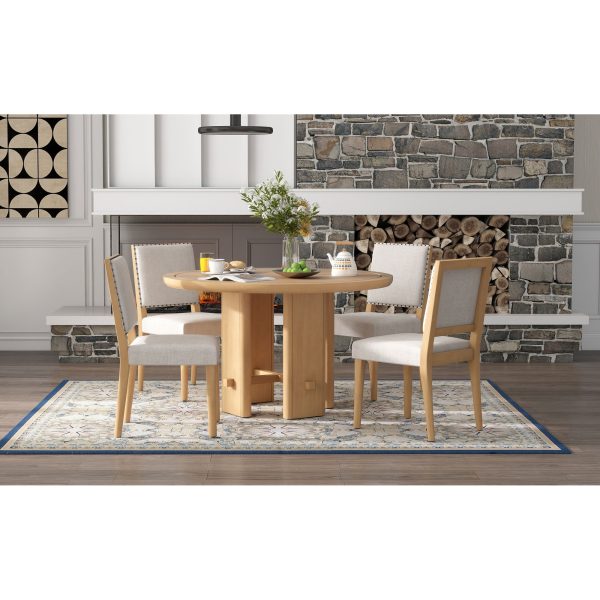 5-Piece Round Dining Set for 4, Minimalist Farmhouse Style with 4 Solid Wood Upholstered Chairs, for Kitchen & Dining Room