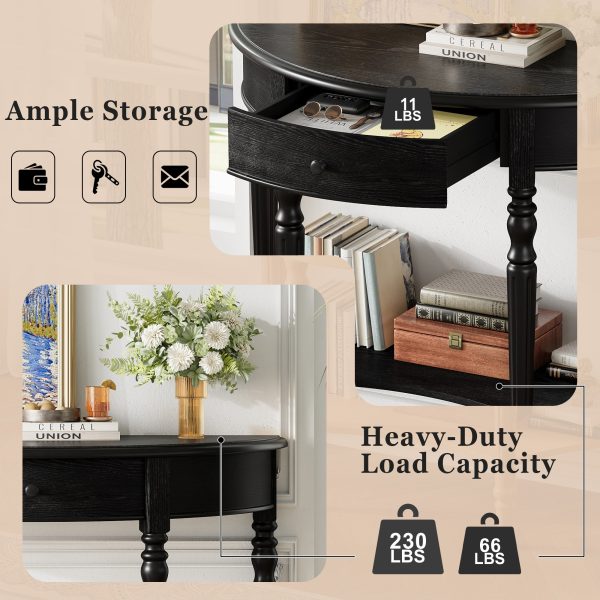 Farmhouse Half-Moon Console Table with Storage Drawer & Open Shelf C Rustic Accent & Sofa Table for Entryway, Living Room, Hallway and Foyer
